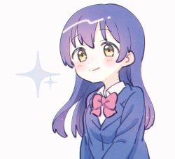 Rule 34 | 1girl, blazer, blue hair, blue jacket, blush, bow, bowtie, highres, jacket, long hair, long sleeves, looking at viewer, love live!, love live! school idol project, red bow, red bowtie, smile, solo, sonoda umi, sparkle, upper body, white background, yashino 84, yellow eyes