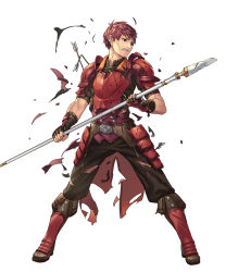 Rule 34 | 1boy, armor, arrow (projectile), boots, cuboon, fingerless gloves, fire emblem, fire emblem echoes: shadows of valentia, fire emblem heroes, full body, gloves, highres, injury, lukas (fire emblem), male focus, nintendo, official art, polearm, red armor, red eyes, red hair, simple background, solo, spear, teeth, torn clothes, weapon, white background