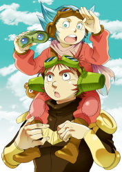 Rule 34 | 1boy, 1girl, :o, binoculars, black eyes, blue eyes, brown hair, carrying, chill, day, goggles, goggles on head, jiron amos, long sleeves, outdoors, pin karo, scarf, sentou mecha xabungle, short hair, shoulder carry, spiked hair, thick eyebrows, upper body