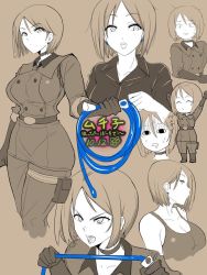 Rule 34 | breasts, chibi, greyscale, highres, military, military uniform, monochrome, multiple views, okyou, saliva, shirt, snk, t-shirt, the king of fighters, uniform, whip, whip (kof)