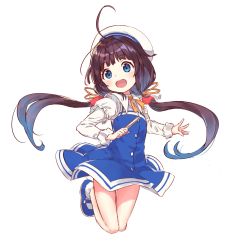 Rule 34 | 1girl, :d, ahoge, beret, blue dress, blue eyes, blue socks, brown hair, commentary, dress, full body, hair ribbon, hat, head tilt, highres, hinatsuru ai, holding, jumping, layered sleeves, legs up, long hair, long sleeves, looking at viewer, low twintails, mary janes, neck ribbon, open mouth, red ribbon, ribbon, ryuuou no oshigoto!, school uniform, shoes, short dress, short over long sleeves, short sleeves, simple background, smile, socks, solo, twintails, very long hair, white background, white hat, white socks, yamada yamao, yellow ribbon