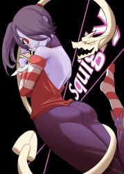 Rule 34 | 1boy, 1girl, artist request, ass, back, blue skin, colored skin, leviathan (skullgirls), looking back, parasite, purple hair, red eyes, short hair, skeleton, skullgirls, smile, socks, squigly (skullgirls), stitches, striped legwear, yellow eyes, zombie