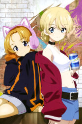 Rule 34 | 2girls, absurdres, animal ears, arm at side, black choker, black coat, blonde hair, blue eyes, blue pants, braid, breasts, brick wall, can, cat ears, choker, closed mouth, coat, darjeeling (girls und panzer), drink can, girls und panzer, hair between eyes, headphones, highres, holding, holding can, long sleeves, looking at viewer, magazine scan, medium breasts, megami magazine, multiple girls, navel, official art, orange hair, orange pekoe (girls und panzer), pants, parted bangs, purple eyes, red coat, scan, shirt, short hair, sitting, smile, standing, white shirt