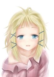 Rule 34 | 10s, 1girl, bad id, bad pixiv id, bare shoulders, black bullet, blonde hair, blue eyes, blush, ginhaha, hair ornament, kamsilver, long hair, looking at viewer, off shoulder, open mouth, solo, tina sprout, traditional media, white background