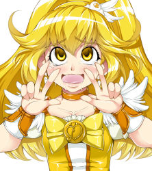Rule 34 | 10s, 1girl, ahegao, blonde hair, bow, choker, cure peace, double v, dress, drooling, eyelashes, hair flaps, hair ornament, hairband, heart, kise yayoi, long hair, magical girl, open mouth, peace symbol, precure, sakula, smile precure!, solo, tears, v, wavy mouth, white background, wide ponytail, wrist cuffs, yellow bow, yellow eyes, yellow theme