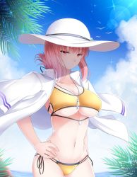 Rule 34 | 1girl, bikini, blue sky, braid, breasts, closed mouth, cowboy shot, day, fate/grand order, fate (series), florence nightingale (chaldea lifesavers) (fate), florence nightingale (fate), hand on own hip, hat, highres, jacket, jacket on shoulders, koro (tyunnkoro0902), large breasts, long hair, looking at viewer, navel, outdoors, pink hair, red eyes, single braid, sky, smile, solo, stomach, swimsuit, tsurime, underboob, very long hair, white hat, wide hips, yellow bikini