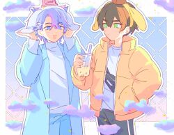 Rule 34 | 2boys, animal ear hairband, animal ears, black pants, blue coat, blue eyes, blue hair, blue pants, brown hair, cinnamoroll, closed mouth, cloud, coat, commentary request, cowboy shot, cup, disposable cup, fake animal ears, green eyes, hairband, hand in pocket, hands up, highres, holding, holding cup, hughie (pretty series), ibuki touma, jacket, long sleeves, looking at another, male focus, moshao (sarada1717), multicolored hair, multiple boys, open mouth, pants, pink hair, pompompurin, pretty series, sanrio, short hair, smile, standing, streaked hair, sweater, waccha primagi!, white sweater, yellow hairband, yellow jacket