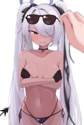 Rule 34 | 1girl, 1other, bikini, unworn bikini, black choker, black gloves, black tail, blue archive, blurry, blush, breasts, choker, covering privates, covering breasts, dark-skinned female, dark skin, demon tail, depth of field, eyewear on head, gloves, hair over one eye, halo, highres, holding, holding clothes, holding swimsuit, iori (blue archive), iori (swimsuit) (blue archive), long hair, looking at viewer, medium breasts, mintchoco (minchothudong), multi-strapped bikini bottom, navel, pov, pov hands, side-tie bikini bottom, solo focus, stomach, sunglasses, swimsuit, tail, topless, twintails, very long hair, wet