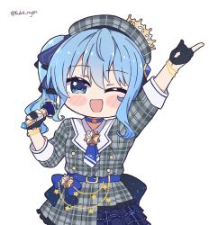 Rule 34 | ;d, arm up, ascot, belt, beret, black gloves, blue belt, blue eyes, blue hair, blush stickers, chibi, cowboy shot, crown, dress, gloves, grey hat, hair between eyes, hair ribbon, hat, holding, holding microphone, hololive, hoshimachi suisei, hoshimachi suisei (1st costume), index finger raised, kukie-nyan, long sleeves, microphone, music, one eye closed, open mouth, partially fingerless gloves, plaid, plaid dress, pointing, pointing up, ribbon, short dress, short hair, side ponytail, simple background, singing, smile, star (symbol), star in eye, symbol in eye, twitter username, virtual youtuber, white background