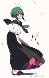Rule 34 | 1girl, antennae, artist name, black jacket, black skirt, blush, brown footwear, clothes around neck, clothes lift, dated, from side, green eyes, green hair, highres, jacket, loafers, long skirt, looking down, matching hair/eyes, namauni, shirt, shoes, short hair, simple background, skirt, socks, solo, standing, touhou, white background, white shirt, white socks, wind, wind lift, wriggle nightbug