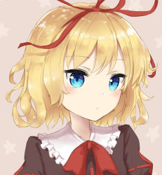Rule 34 | 1girl, bad id, bad pixiv id, blonde hair, blue eyes, blush, bow, brown background, brown shirt, closed mouth, coraman, frilled shirt collar, frills, hair ribbon, head tilt, medicine melancholy, portrait, puffy sleeves, red bow, red ribbon, ribbon, shirt, solo, star (symbol), starry background, touhou