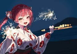 Rule 34 | 1girl, absurdres, anno masato, fireworks, heterochromia, highres, hololive, houshou marine, japanese clothes, kimono, looking at viewer, night, red hair, smile, solo, virtual youtuber
