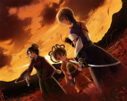 Rule 34 | 1boy, 2girls, age difference, alternate costume, anastasia (shadow hearts), black hair, braid, breasts, brown hair, closed mouth, cloud, facing viewer, field, flower, flower field, gloves, glowing, glowing eyes, green eyes, hair flower, hair ornament, half-closed eyes, hands up, happy, height difference, holding, inugami kurando, inugami saki, itsuki (s2 129), japanese clothes, katana, kimono, kurando, long hair, long sleeves, looking at viewer, looking back, looking down, looking to the side, mature female, mother and son, multiple girls, orange kimono, orange sky, outdoors, outstretched arm, purple kimono, red eyes, saki inugami, serious, shadow hearts, shadow hearts ii, sky, smile, standing, sunset, sword, twin braids, weapon, wide sleeves, wind, yukata