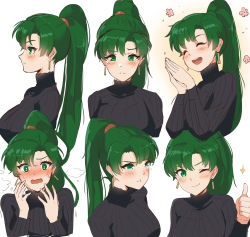 Rule 34 | 1girl, black sweater, blush, breasts, closed eyes, closed mouth, earrings, embarrassed, fire emblem, fire emblem: the blazing blade, green eyes, green hair, hands up, highres, jewelry, lips, long hair, long sleeves, looking at viewer, lyn (fire emblem), matching hair/eyes, medium breasts, multiple views, nintendo, one eye closed, open mouth, ormille, own hands together, ponytail, pout, pouty lips, ribbed sweater, simple background, sweater, tears, thumbs up, turtleneck, upper body, white background, wink
