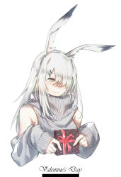 Rule 34 | 1girl, animal ears, arknights, bare shoulders, box, chinese commentary, commentary request, cropped torso, detached sleeves, frostnova (arknights), grey eyes, grey sweater, hair ornament, hair over one eye, hairclip, holding, holding box, long hair, long sleeves, rabbit ears, sidelocks, silver hair, simple background, sleeves past wrists, solo, sweater, upper body, valentine, white background, xion32