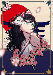 Rule 34 | 1girl, artist name, bare shoulders, black hair, blue eyes, blurry, blurry foreground, commentary request, depth of field, flower, fox mask, from side, hair flower, hair ornament, highres, japanese clothes, kimono, long hair, looking away, looking to the side, mask, mask on head, miko, original, parted lips, petals, pink flower, q-pra, red flower, signature, sleeveless, sleeveless kimono, solo, torii, upper body, white kimono
