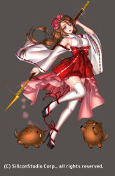 Rule 34 | 1girl, bare shoulders, boar, breasts, brown hair, flower, hair flower, hair ornament, halterneck, high heels, japanese clothes, large breasts, long hair, looking at viewer, miko, no bra, nontraditional miko, ryuki@maguro-ex, simple background, staff, tagme, thighhighs, wide sleeves, zettai ryouiki
