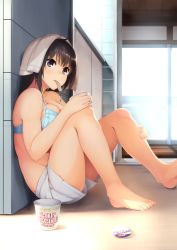 Rule 34 | 1girl, akagi asahito, barefoot, black eyes, black hair, blue bra, bra, breasts, cleavage, day, eating, feet, full body, highres, indoors, large breasts, long hair, mouth hold, nissin cup noodle, original, shorts, sitting, solo, toes, towel, towel on head, underwear
