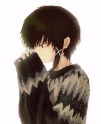 Rule 34 | 1girl, asymmetrical hair, black eyes, black hair, expressionless, hair ornament, hairclip, highres, iwakura lain, own hands clasped, own hands together, print sweater, ranm12s, serial experiments lain, short hair, simple background, single sidelock, sleeves past wrists, solo, sweater, upper body, white background, x hair ornament