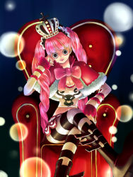 Rule 34 | 1girl, bad id, bad pixiv id, boots, bow, breasts, chair, cleavage, crossed legs, crown, female focus, fur trim, head tilt, long hair, long sleeves, midriff, miura, one piece, pantyhose, perona, pink hair, red upholstery, short cape, sitting, skirt, solo, striped clothes, striped pantyhose, throne, twintails