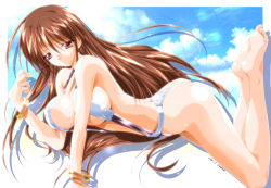 Rule 34 | 1girl, ahoge, all fours, armpits, ass, asuka keisuke, bandeau bikini, barefoot, bracelet, breasts, brown eyes, brown hair, cleavage, cloud, day, feet, highres, huge breasts, jewelry, legs up, long hair, lunar wing, milka, one-piece swimsuit, one-piece thong, outdoors, panties, shadow, shiny clothes, sideboob, signature, sky, slingshot swimsuit, soles, solo, swimsuit, thong, underwear, very long hair