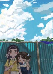 2girls bag black_hair blue_skirt blush_stickers bottle bottle_to_cheek bow child cloud cloudy_sky commentary cumulonimbus_cloud day fence hair_bobbles hair_bow hair_ornament highres holding holding_bottle multiple_girls nyachi_piyo one_side_up open_mouth original outdoors shirt short_sleeves shoulder_bag skirt sky sweat water_bottle white_bow white_skirt yellow_shirt