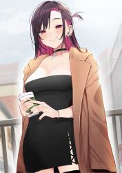 Rule 34 | 1girl, black hair, black nails, blush, bracelet, breasts, choker, colored inner hair, cup, dress, ear piercing, earrings, grin, guard rail, hair ornament, hairclip, highres, holding, holding cup, jacket, jacket on shoulders, jewelry, large breasts, looking at viewer, motto notto, multicolored hair, nail polish, off-shoulder dress, off shoulder, one side up, original, piercing, pink eyes, pink hair, smile, solo, thighhighs