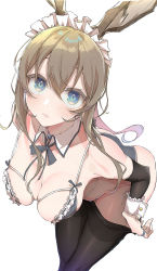 Rule 34 | 1girl, alternate breast size, alternate costume, amiya (arknights), animal ears, arknights, bent over, bikini, black bikini, black pantyhose, black ribbon, blue eyes, blush, breasts, brown hair, clothes pull, commentary, detached collar, e sky rugo, frilled bikini, frills, hair between eyes, hanging breasts, heart, highres, jewelry, leaning forward, long hair, looking at viewer, maid, maid bikini, maid headdress, medium breasts, mtu virus, multiple views, navel, neck ribbon, open mouth, panties, panties under pantyhose, pantyhose, pantyhose pull, rabbit ears, ribbon, ring, simple background, swimsuit, thighband pantyhose, unconventional maid, underwear, undressing, white background, wrist cuffs