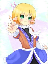 Rule 34 | 1girl, :t, arm warmers, black dress, blonde hair, blush, brown shirt, closed mouth, commentary request, dress, flat chest, green eyes, highres, koruk700, looking at viewer, mizuhashi parsee, pointing, pointing at viewer, pointy ears, sash, scarf, shirt, short hair, short sleeves, solo, tearing up, touhou, upper body, v-shaped eyebrows, white sash, white scarf