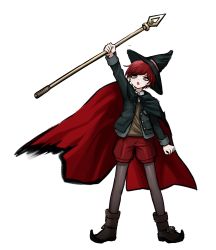 Rule 34 | 1boy, :o, absurdres, black jacket, black pantyhose, brown footwear, brown vest, cape, danganronpa (series), danganronpa v3: killing harmony, full body, genderswap, genderswap (ftm), grey background, hat, highres, holding, holding staff, jacket, looking at viewer, no (xpxz7347), open clothes, open jacket, pantyhose, red eyes, red hair, red shorts, shoes, short hair, shorts, simple background, solo, staff, torn cape, torn clothes, vest, witch hat, yumeno himiko