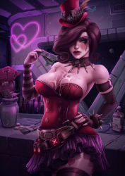 Rule 34 | bare shoulders, belt, borderlands (series), breasts, bullet, bustier, cleavage, cum, cum in mouth, cum on body, cum on breasts, cum on upper body, highres, mad moxxi, money, skirt, space, tagme