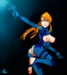 Rule 34 | asmo deus, ass, blonde hair, blue eyes, bodysuit, breastless clothes, breasts, crotchless, feet, female focus, holding, holding weapon, metroid, nintendo, nipples, pussy, samus aran, simple background, skin tight, tagme, uncensored, weapon, zero suit