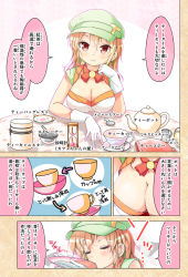 Rule 34 | 1girl, a (phrase), breasts, brown hair, cafe-chan to break time, cleavage, close-up, comic, cup, drinking, female focus, food, fruit, gloves, hat, hourglass, large breasts, lemon, lemon slice, long hair, measuring spoon, original, personification, pitcher (container), porurin (do-desho), red eyes, saucer, solo, strainer, sugar bowl, table, tea (cafe-chan to break time), tea cozy, tea set, tea strainer, teacup, teapot, white gloves