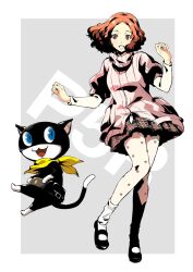 Rule 34 | 1girl, 1other, :d, blue eyes, brown eyes, brown hair, cat, fangs, full body, highres, ito (daisukidanchi), jacket, medium hair, morgana (persona 5), okumura haru, open mouth, pantyhose, persona, persona 5, pleated skirt, skirt, smile, socks, sweater jacket, turtleneck, turtleneck jacket, white socks