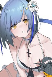 Rule 34 | 1girl, :o, azur lane, bad id, bad twitter id, bare shoulders, bikini, blue hair, breasts, choker, collarbone, crab, cross, cross necklace, eyes visible through hair, flower, gascogne (azur lane), gascogne (tropical environs acclimation service equipment) (azur lane), hair flower, hair ornament, highres, jewelry, looking at viewer, medium breasts, necklace, nishikikope, open mouth, ribbon choker, sidelocks, simple background, sitting, solo, swimsuit, white background, white bikini, yellow eyes