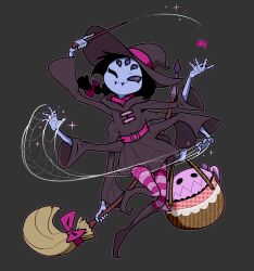 Rule 34 | 1girl, acenth, alternate costume, basket, belt, black footwear, black headwear, black robe, black sclera, blue skin, bow, broom, broom riding, bug, colored sclera, colored skin, commentary, english commentary, fangs, full body, hand up, hands up, hat, holding, holding basket, holding broom, looking at viewer, medium hair, muffet&#039;s pet, one eye closed, pantyhose, pink bow, pink pantyhose, robe, short twintails, sidesaddle, silk, spider, spider web, striped clothes, striped pantyhose, twintails, undertale, wand, witch, witch hat