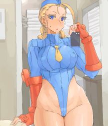 Rule 34 | 1990s (style), 1girl, :o, ahoge, arm support, armor, bare hips, blonde hair, blue eyes, blue leotard, blush, braid, breasts, cammy white, capcom, cellphone, covered navel, cowboy shot, curvy, covered erect nipples, female focus, fingerless gloves, fingernails, garrison cap, gloves, groin, hat, highleg, highleg leotard, highres, hip bones, hip focus, holding, huge ahoge, indoors, large breasts, leotard, long fingernails, long hair, long sleeves, looking at viewer, minakami (flyingman555), necktie, oekaki, open mouth, partially visible vulva, phone, ribbed leotard, selfie, shoulder pads, solo, street fighter, street fighter zero (series), sweat, sweatdrop, taking picture, thick thighs, thighs, turtleneck, twin braids, vambraces, wide hips
