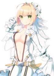 Rule 34 | 10s, 1girl, ahoge, ameshizuku natsuki, belt, blonde hair, bodysuit, breasts, center opening, fate/extra, fate/extra ccc, fate (series), full-length zipper, gloves, green eyes, hair intakes, looking at viewer, loose belt, medium breasts, nero claudius (bride) (fate), nero claudius (fate), nero claudius (fate) (all), solo, unzipped, veil, white background, white gloves, wreath, zipper