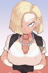 Rule 34 | 1girl, android 18, black gloves, blonde hair, blue eyes, bob cut, breasts squeezed together, breasts, cleavage, closed mouth, clothed female nude male, dragon ball, dragonball z, earrings, gloves, hair over one eye, highres, hoop earrings, inkerton-kun, jacket, jewelry, large breasts, looking at viewer, lying, medium hair, necklace, nude, paizuri, paizuri under clothes, pearl necklace, penis, penis under another&#039;s clothes, pov, simple background, smile, uncensored, white background