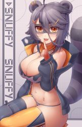 Rule 34 | 1girl, absurdres, animal ears, bad id, bad pixiv id, bikini, blush, breasts, character name, cleavage, fang, finger to mouth, fingerless gloves, gloves, grey hair, hair between eyes, hair ornament, hairclip, highres, hungrydurp, index finger raised, indie virtual youtuber, large breasts, looking at viewer, nail polish, navel, open mouth, orange gloves, orange nails, raccoon ears, raccoon girl, raccoon tail, short hair, smile, snuffy (vtuber), snuffy (vtuber) (smilfy), solo, swimsuit, tail, thighs, virtual youtuber, x hair ornament, zipper pull tab