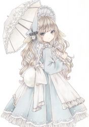 Rule 34 | 1girl, absurdres, alice (alice in wonderland), alice in wonderland, animal ears, apron, back bow, blonde hair, blue eyes, blush, bonnet, bow, dress, ears down, frills, from behind, hat, hat ribbon, high collar, highres, holding, long hair, long sleeves, looking back, marker (medium), original, parasol, parted lips, paruno, pocket watch, rabbit ears, rabbit girl, rabbit tail, ribbon, solo, tail, traditional media, umbrella, very long hair, watch, wavy hair