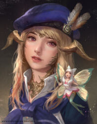 Rule 34 | 1girl, au ra, beret, blonde hair, blue hat, brown background, commentary, commission, dark background, english commentary, eos (ff14), fairy, final fantasy, final fantasy xiv, floating, gradient background, hat, hat feather, head tilt, horns, light particles, light smile, long hair, looking at viewer, maerel hibadita, mini person, minigirl, nose, pantyhose, parted lips, pointy ears, purple eyes, realistic, scholar (final fantasy), simple background, solo, swept bangs, teeth, upper body, warrior of light (ff14), ||/
