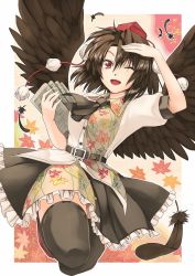 Rule 34 | 1girl, ;d, abo (hechouchou), ascot, belt, black hair, black wings, bow, brown hair, brown thighhighs, dress shirt, feathers, female focus, hat, leaf, legs, low wings, maple leaf, newspaper, one eye closed, open mouth, pom pom (clothes), red eyes, shameimaru aya, shirt, short hair, skirt, smile, solo, thighhighs, thighs, tokin hat, touhou, wings, wink, zettai ryouiki