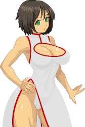 Rule 34 | 1girl, adapted costume, ahoge, aliasing, bare shoulders, black hair, breasts, brown hair, china dress, chinese clothes, cleavage cutout, clothing cutout, cowboy shot, dress, green eyes, hand on own hip, highleg, highleg panties, honchan, impossible china dress, impossible clothes, large breasts, lowres, nchallenge, nchans, no bra, panties, pantyshot, pixel art, short hair, simple background, sleeves past wrists, solo, standing, thighhighs, underwear, warner, white background, white panties