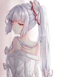 Rule 34 | 1girl, back, bare shoulders, blunt bangs, bow, breasts, closed mouth, dress shirt, expressionless, from behind, fujiwara no mokou, grey background, hair bow, half-closed eyes, highres, long hair, looking at viewer, looking back, medium breasts, multicolored eyes, no bra, off shoulder, ponytail, red eyes, shiromoru (yozakura rety), shirt, sidelocks, simple background, solo, touhou, twitter username, two-tone background, undressing, upper body, very long hair, white background, white bow, white shirt, white theme, yellow eyes