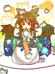 Rule 34 | 1girl, arm cannon, bad id, bad pixiv id, black hair, bow, cape, chibi, eating, female focus, food, hair bow, itomugi-kun, red eyes, reiuji utsuho, sitting, sitting on object, solo, touhou, weapon, wings