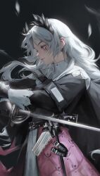 Rule 34 | 1girl, absurdres, arknights, black dress, black gloves, cowboy shot, dress, earrings, feathers, from side, gloves, grey hair, gun, handgun, head wings, highres, holding, holding sword, holding weapon, holster, irene (arknights), jewelry, lips, long hair, long sleeves, looking down, multicolored clothes, multicolored dress, nose, pink dress, pink eyes, realistic, scar, scar across eye, sengewoods, sidelocks, solo, sword, weapon, white dress, wings