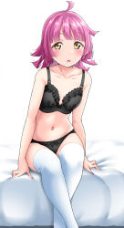 Rule 34 | 1girl, absurdres, ahoge, black bra, black panties, blunt bangs, blush, bra, breasts, collarbone, commentary request, feet out of frame, highres, looking at viewer, love live!, love live! nijigasaki high school idol club, medium hair, navel, on bed, open mouth, panties, pink hair, shadow, simple background, sitting, small breasts, solo, tareme, tennoji rina, thighhighs, underwear, underwear only, white background, white thighhighs, yellow eyes, yopparai oni