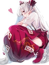Rule 34 | 1girl, blush, bow, closed mouth, fujiwara no mokou, full body, grey hair, hair bow, heart, highres, long hair, looking at viewer, mokoiscat, pants, red eyes, red footwear, red pants, shirt, shoes, short sleeves, simple background, solo, touhou, white background, white bow, white shirt