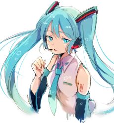 Rule 34 | 1girl, bare shoulders, blue eyes, blue hair, detached sleeves, hair ribbon, hat, hatsune miku, headset, long hair, looking at viewer, matching hair/eyes, necktie, open mouth, paragasu (parags112), ribbon, shirt, solo, twintails, upper body, very long hair, vocaloid, wide sleeves